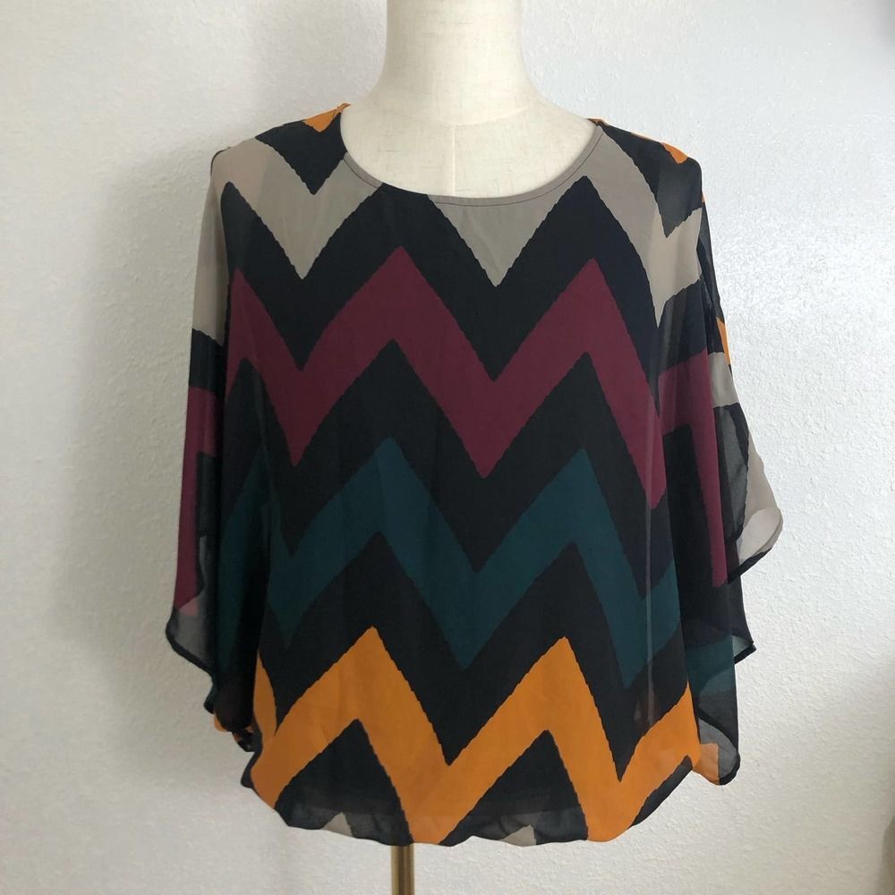CATO Blouse Medium Chevron Pattern Kimono Sleeve Polyester Multicolor